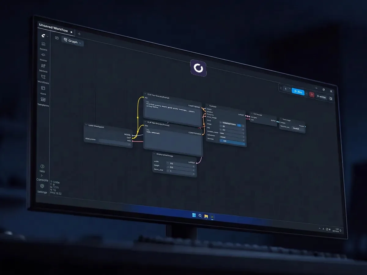 A ComfyUI node graph open on a desktop monitor