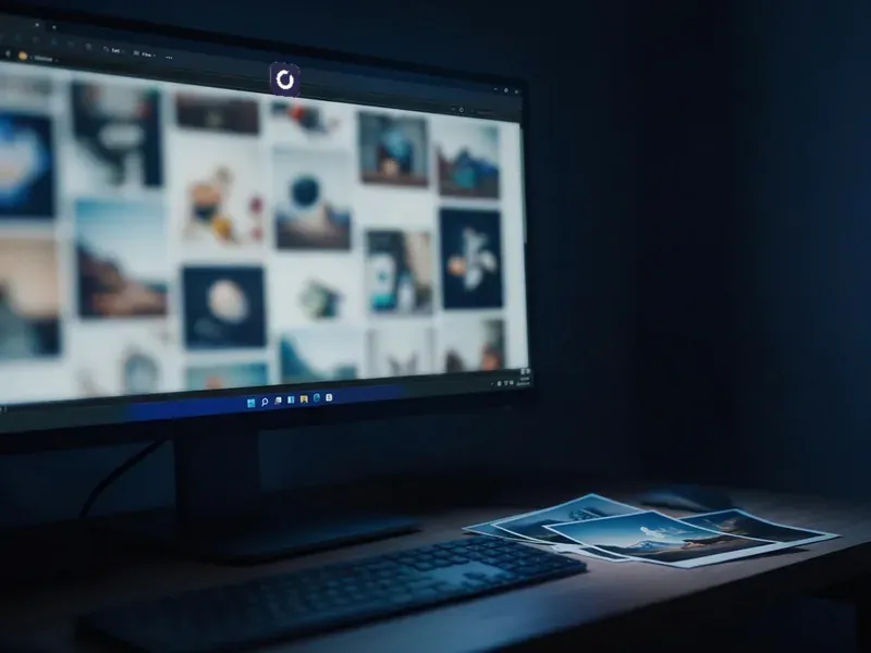 Printed reference photos next to a keyboard and a gallery of outputs on screen