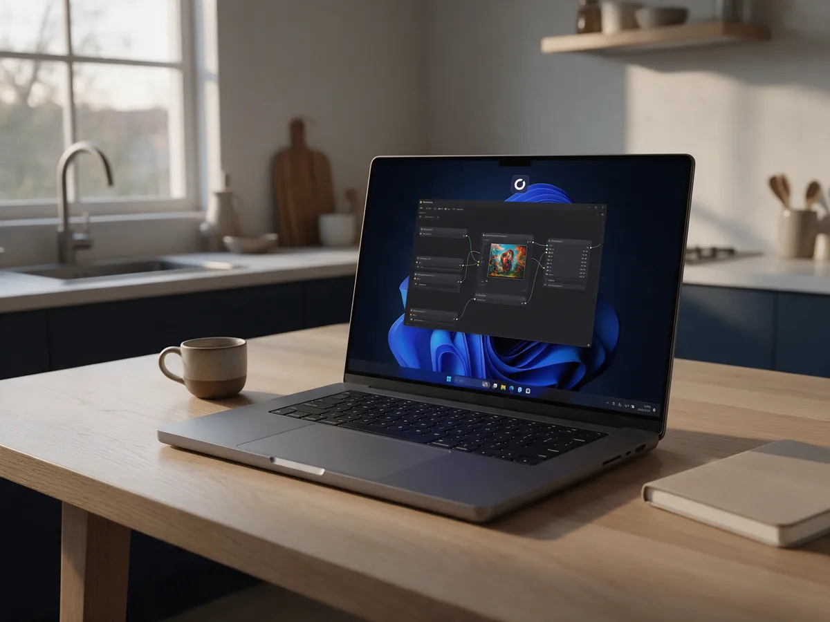 A MacBook streaming a Windows 11 desktop with a node graph workflow