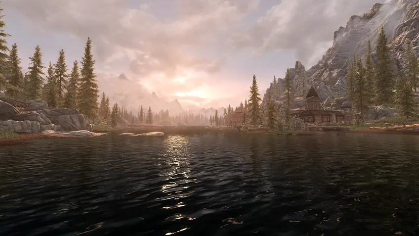 A lake and a wooden house among pine trees in Skyrim at sunset