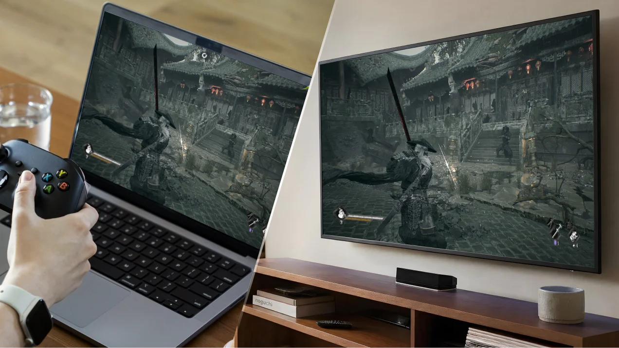 Phantom Blade Zero on a laptop and a TV, running on the same Shadow PC
