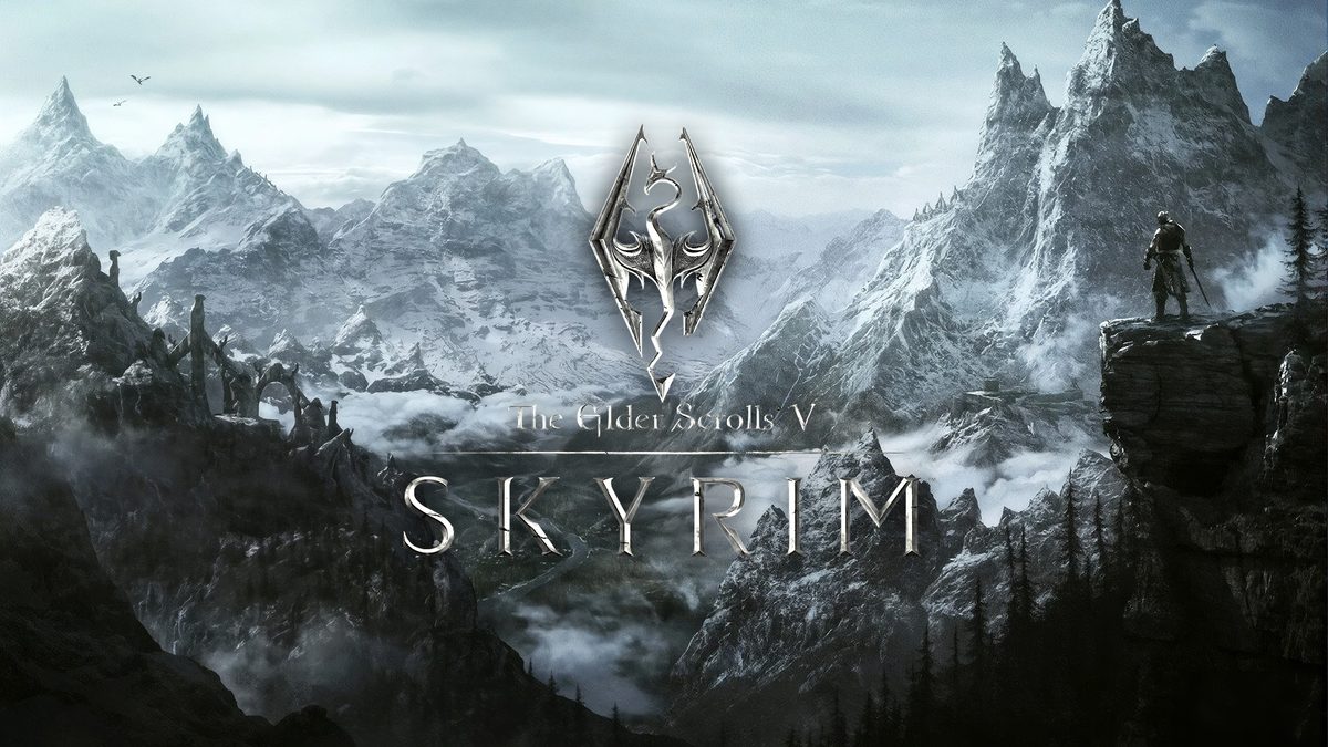 The Elder Scrolls V: Skyrim key art, the Dragonborn on a cliff above snowy mountains