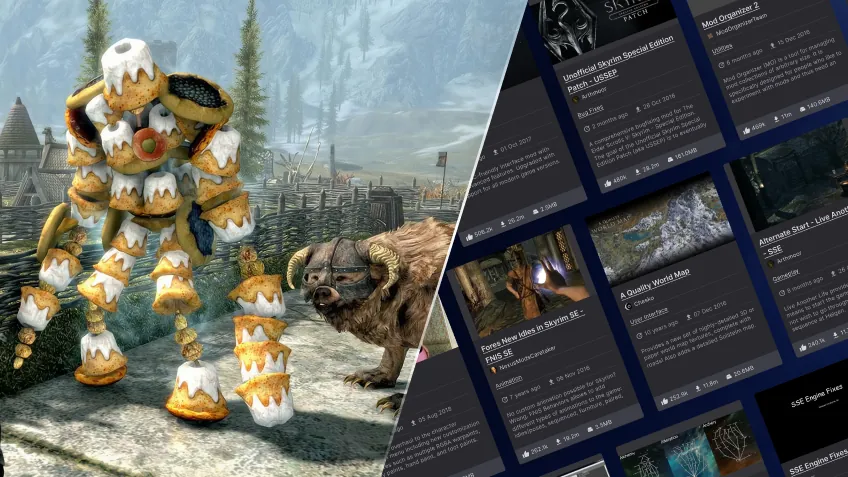 A modded Skyrim scene next to a list of popular Skyrim mods