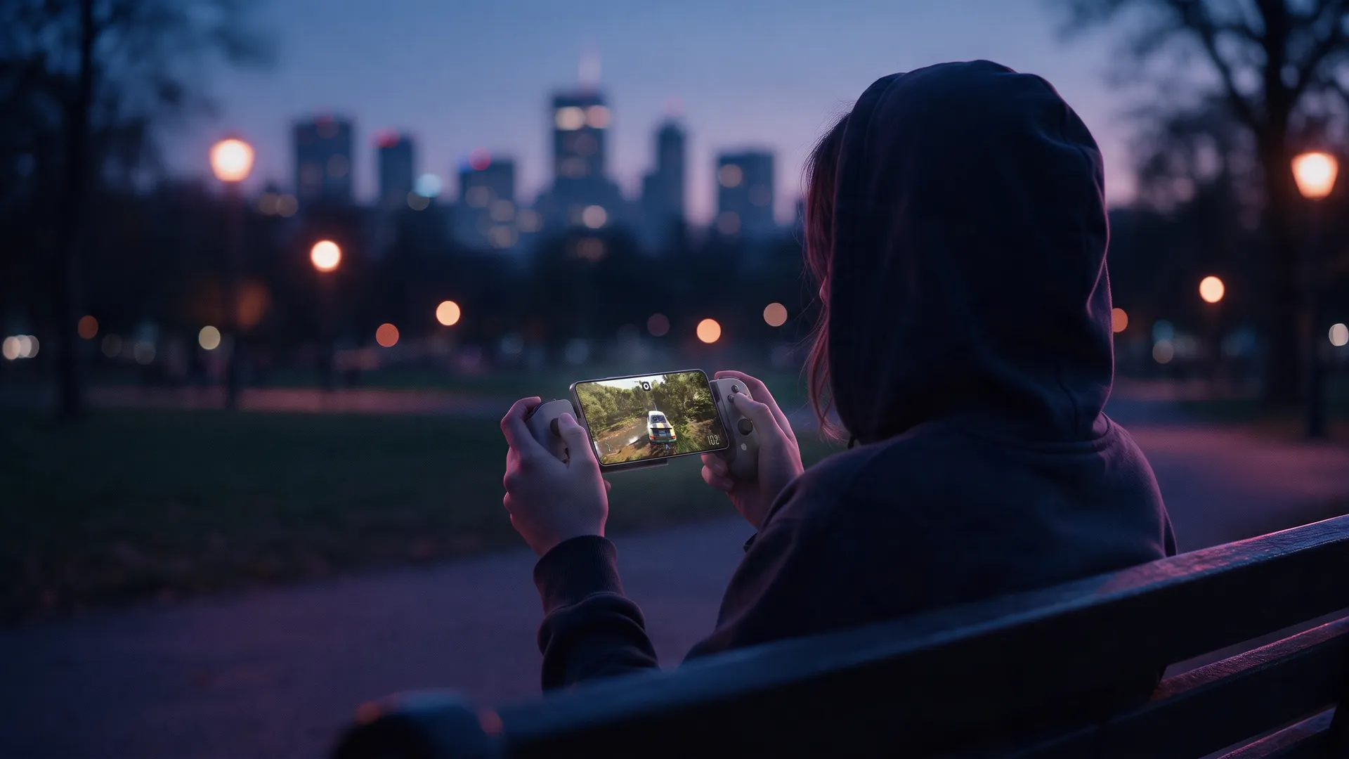 A player on a park bench at dusk playing Forza Horizon 5 on an Android phone in a controller