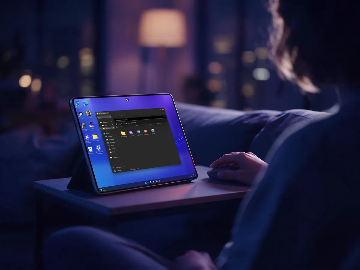 File Explorer on a Windows desktop on an iPad, with a mouse on a sofa table