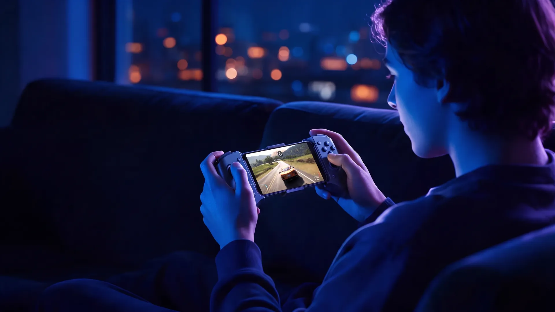 A player on a sofa at night playing Forza Horizon 5 on a phone docked in a controller