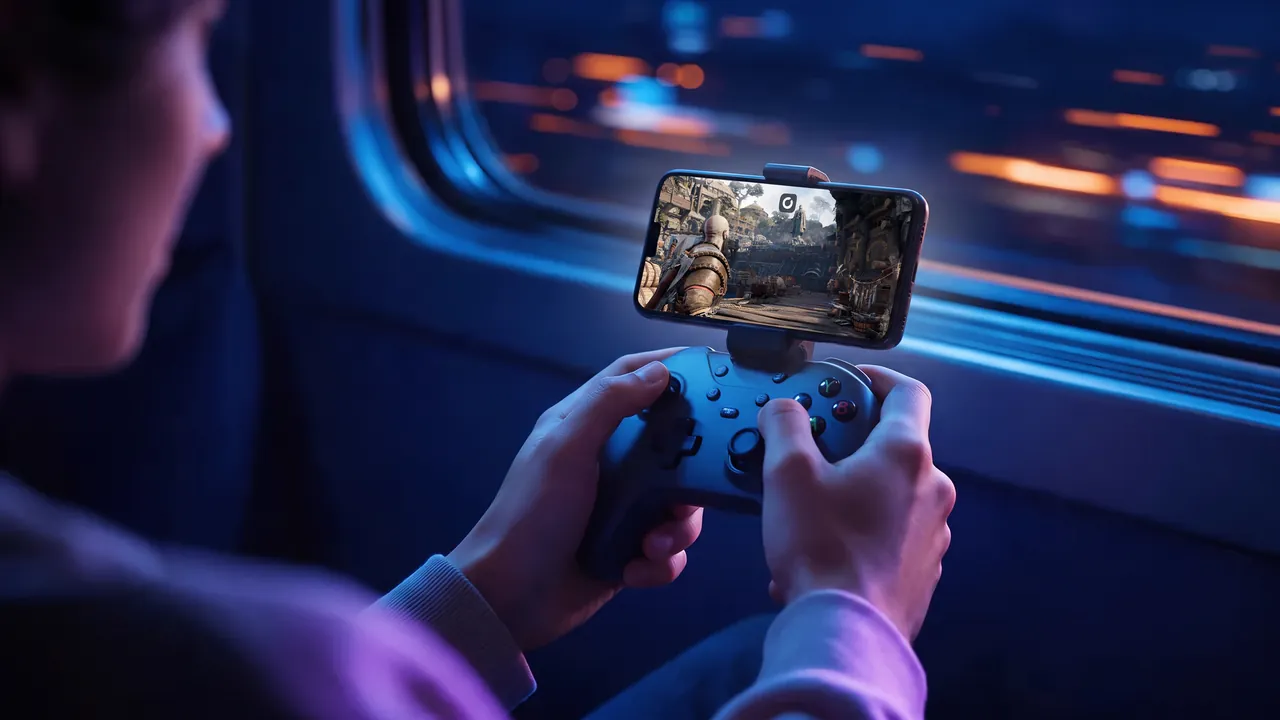 God of War on a phone clipped above a wireless controller on a train