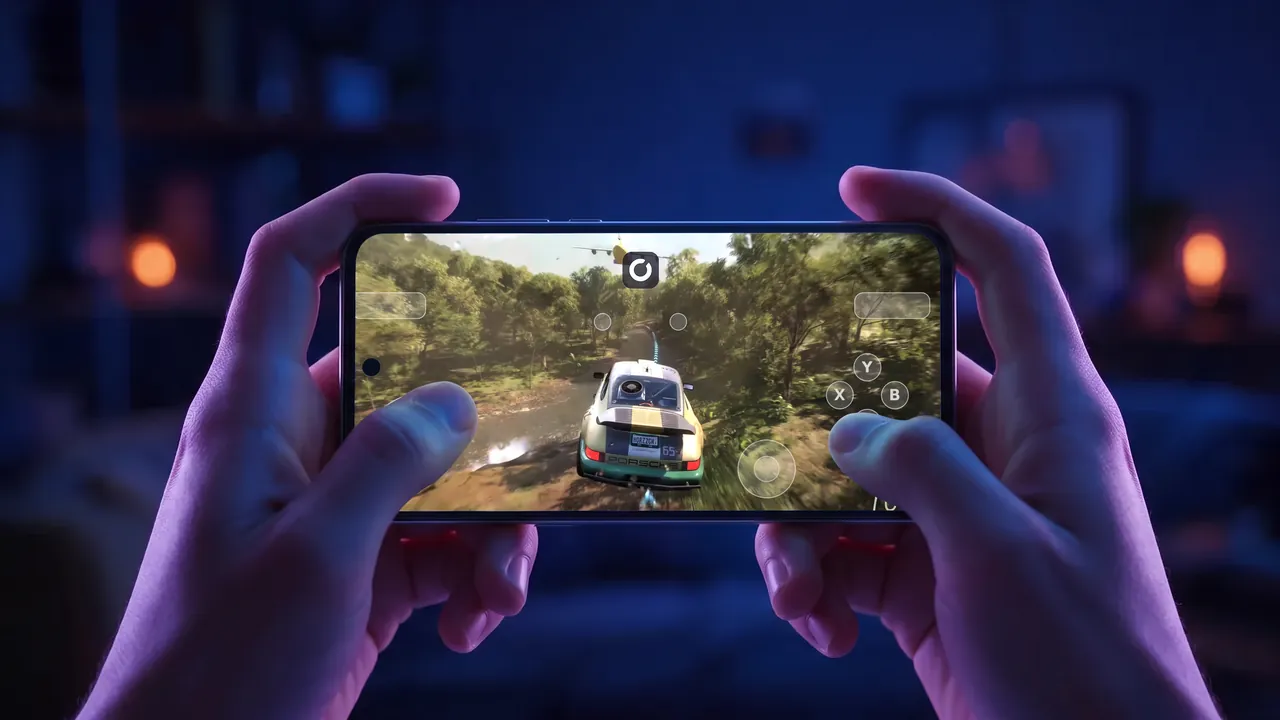 Forza Horizon 5 on a phone with the virtual gamepad on screen
