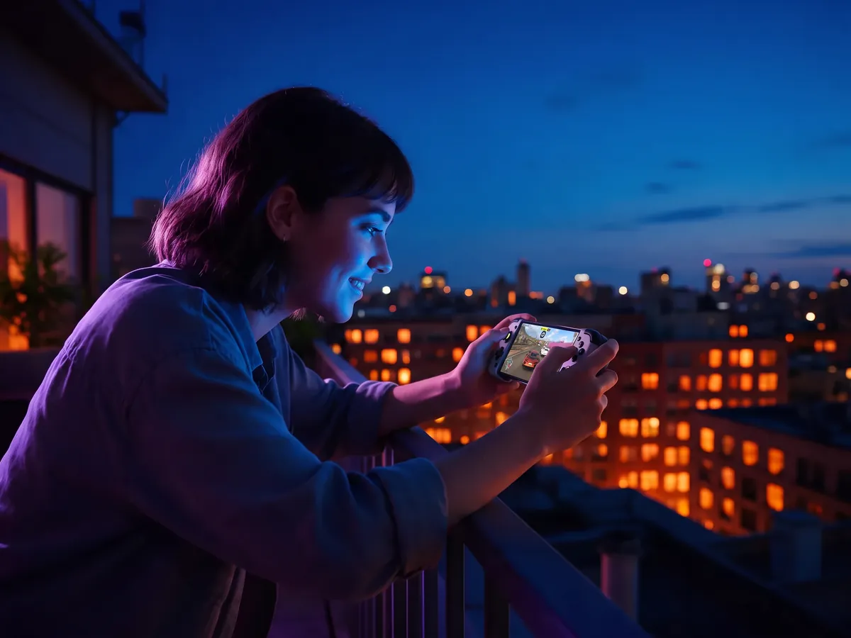A player on a rooftop at dusk racing in Forza Horizon 5 on a phone