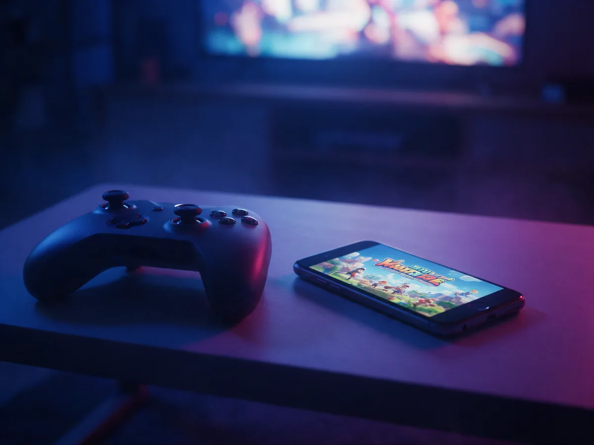 A controller next to a phone running a game