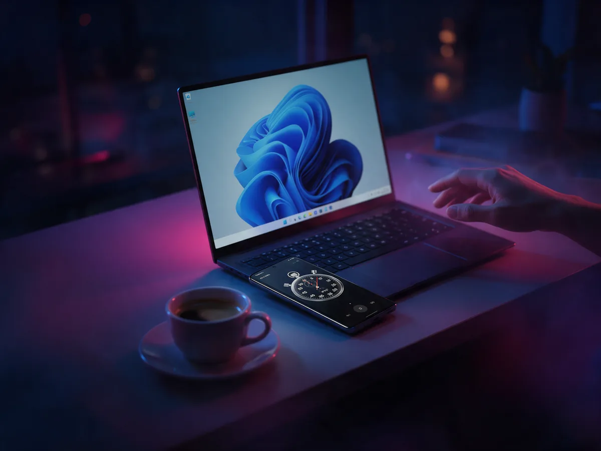 A laptop showing a Windows desktop next to a coffee cup and a timer