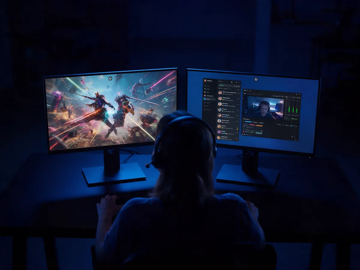 A player with a headset, a game on one screen and a voice chat app on the other