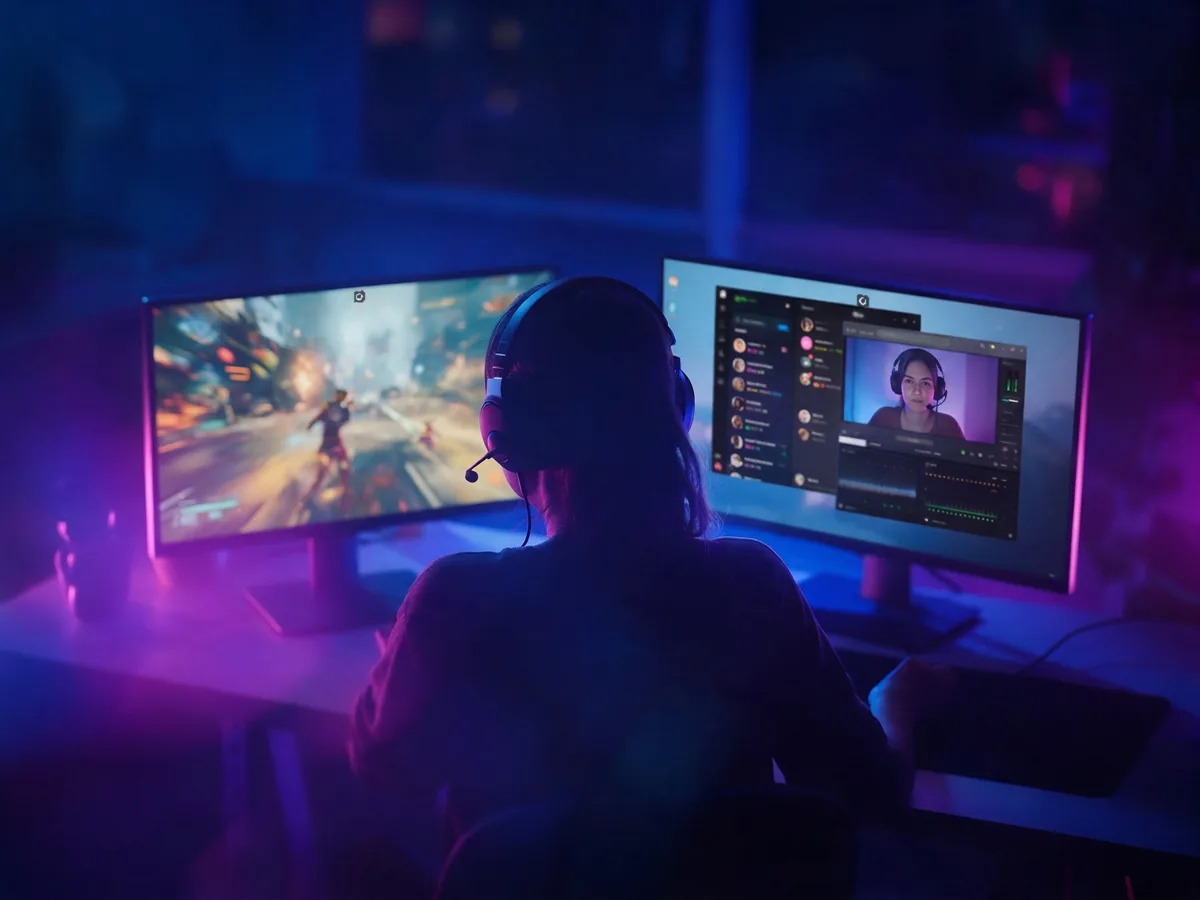 A player with a headset, a game on one screen and voice chat and streaming apps on the other