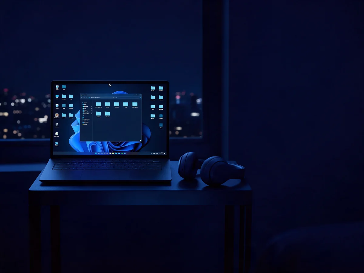 A laptop at night showing a Windows desktop with folders