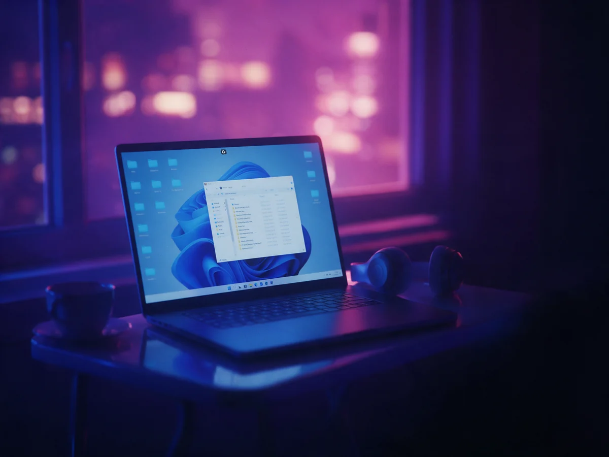 A laptop at night showing a Windows desktop with its file explorer open
