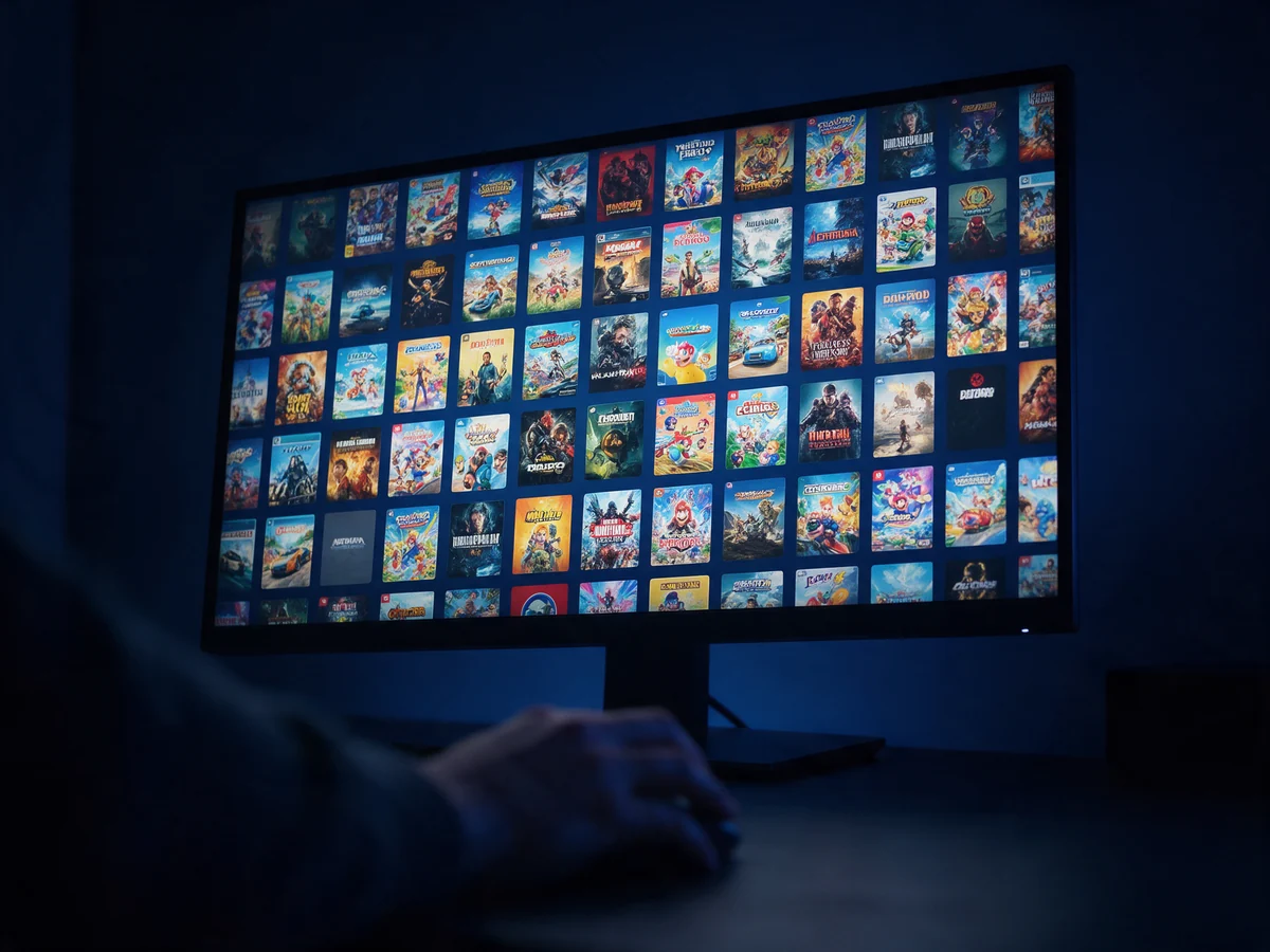A monitor filled with a library of PC game covers