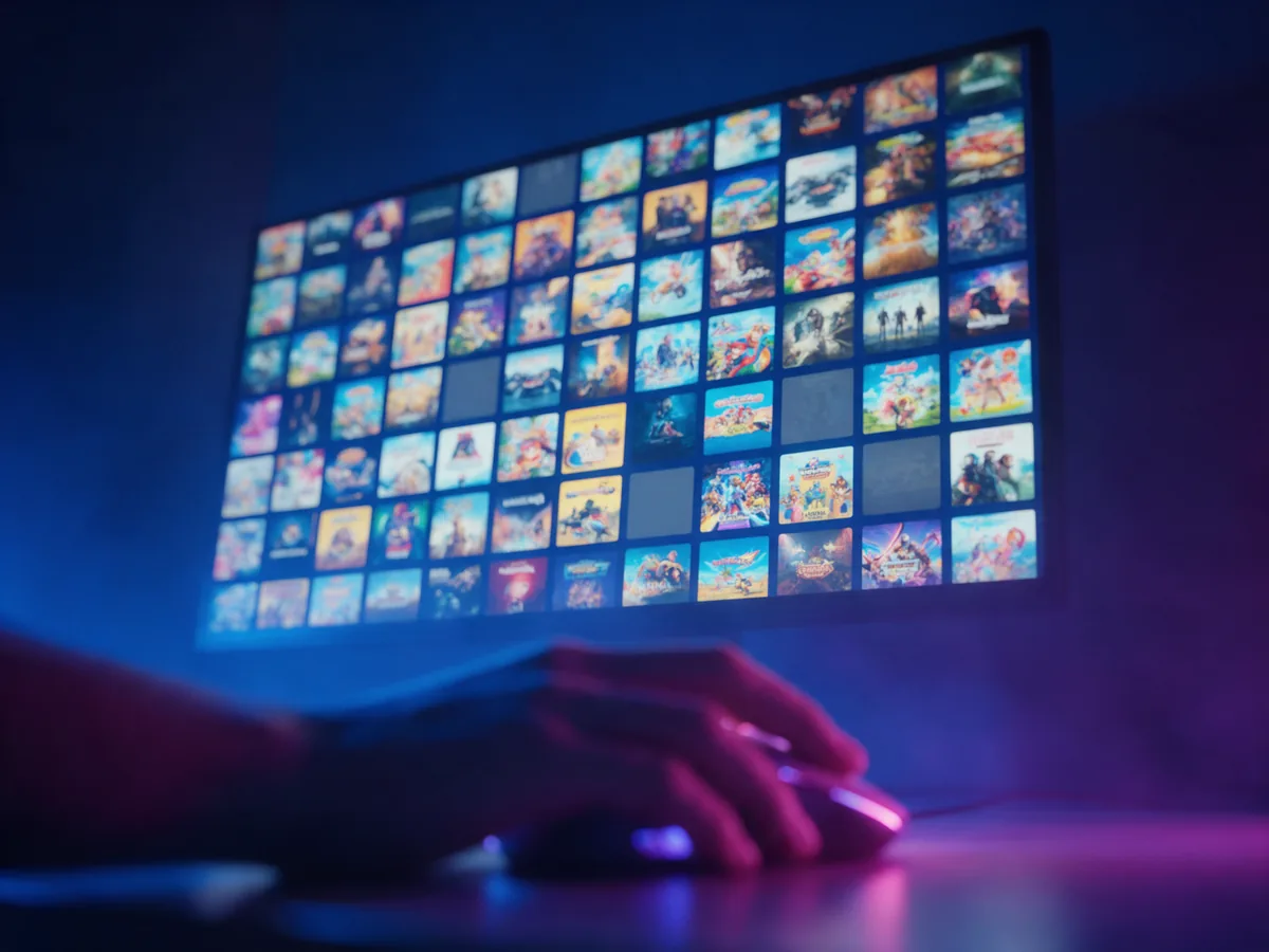A large screen showing a wall of game covers
