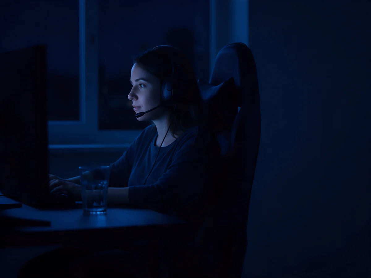 A player with a headset at her desk during a long evening session