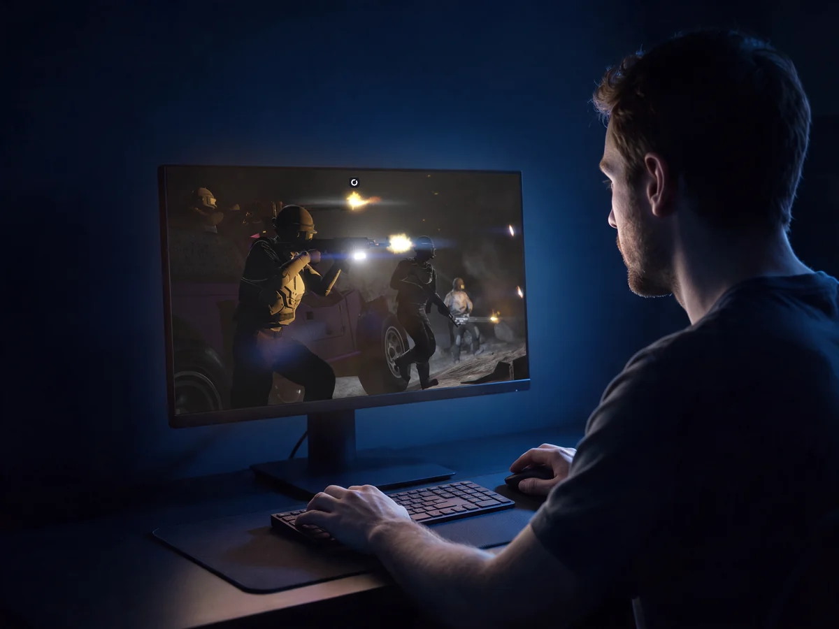 A player at his desk at night playing a modded shooter on Shadow PC