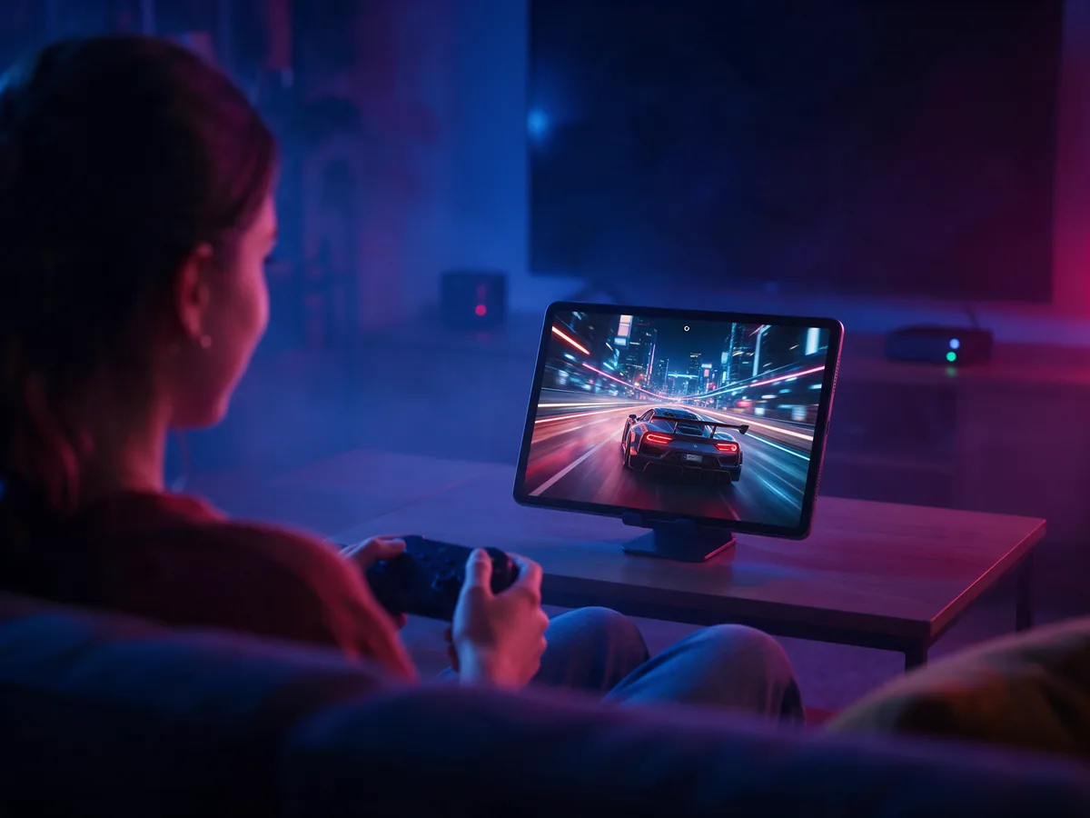 A player with a controller in front of a tablet running a racing game