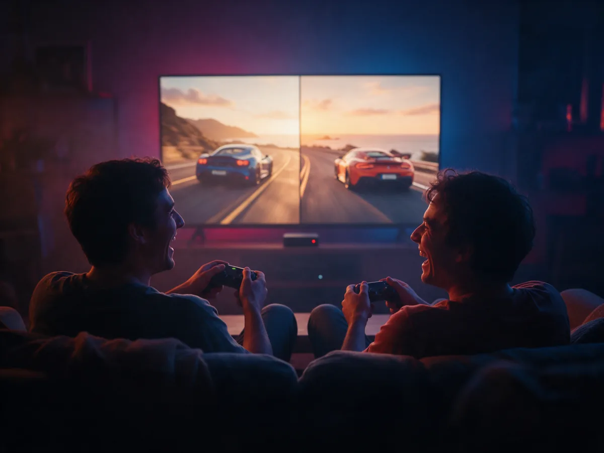 Two friends on a sofa playing a split-screen racing game on the TV