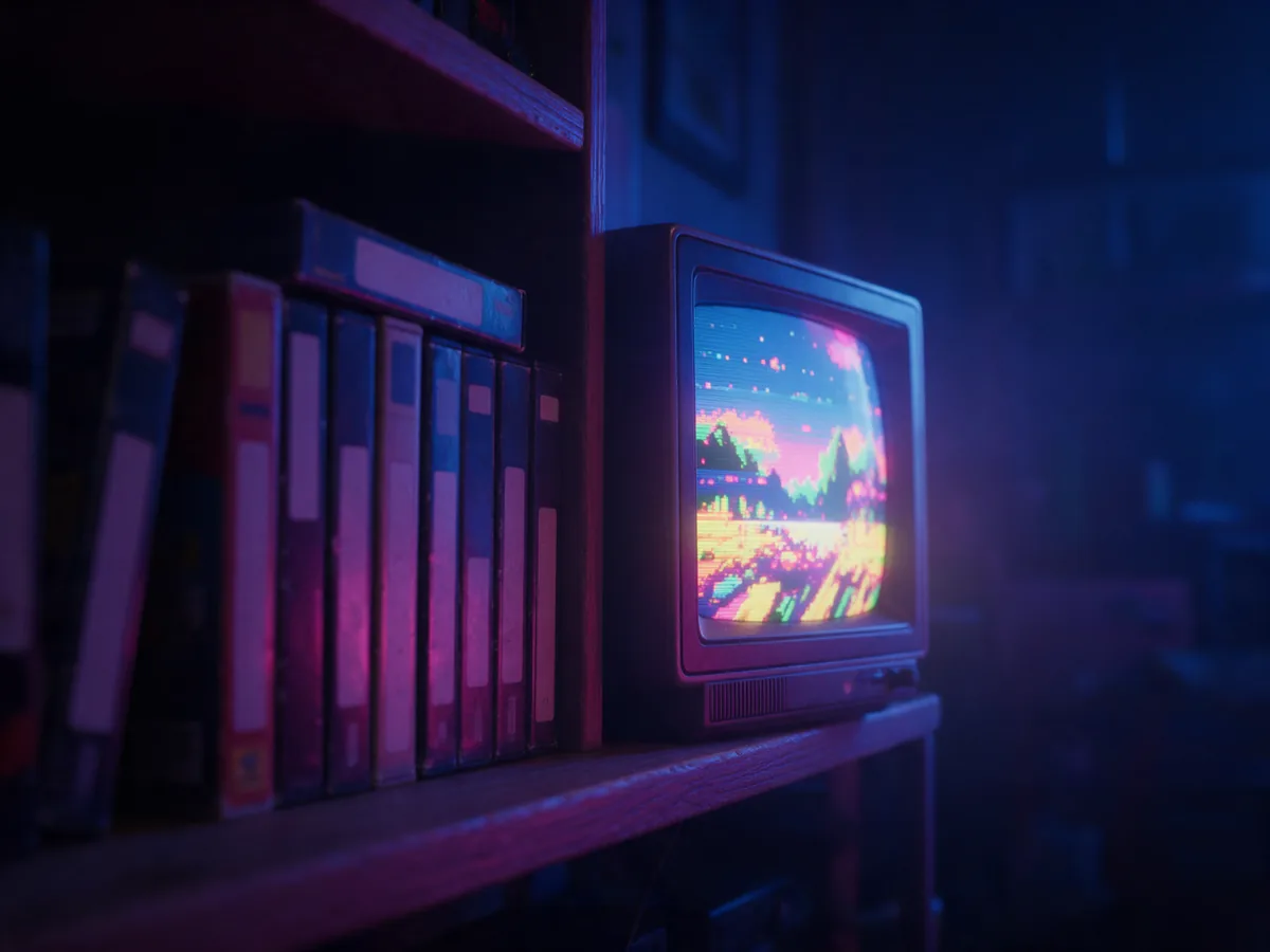 An old CRT TV showing a retro game next to a shelf of game boxes
