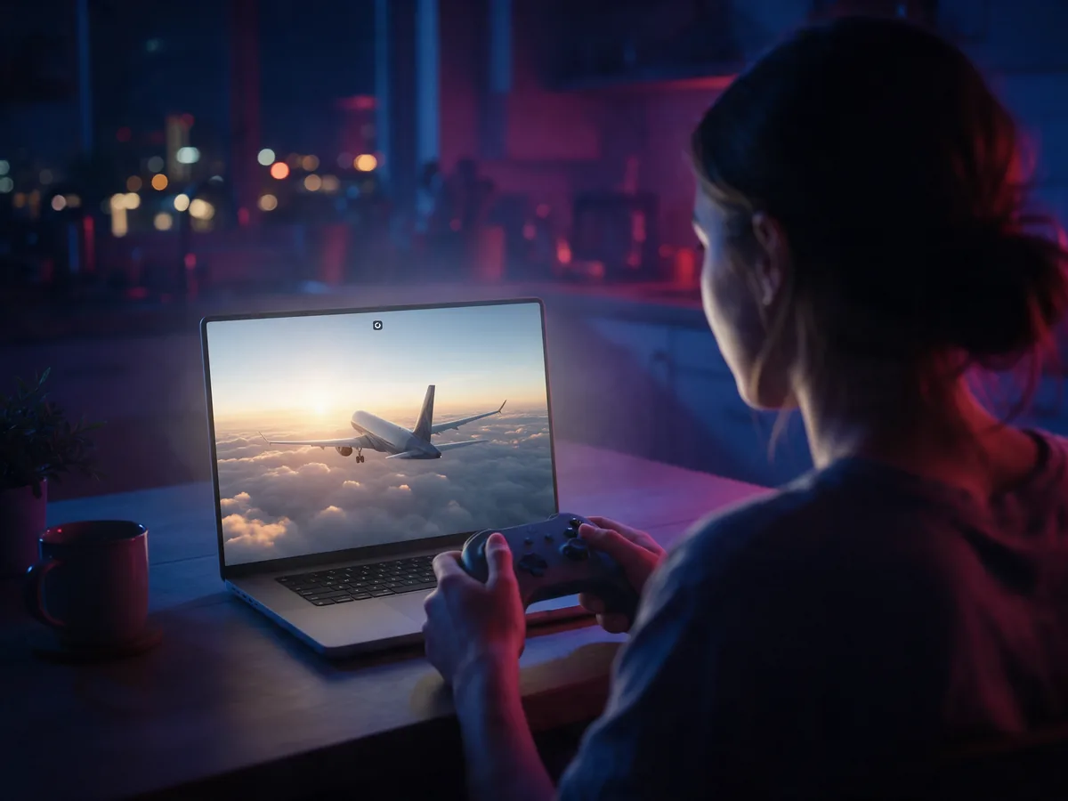 A woman with a controller playing a flight game on her laptop