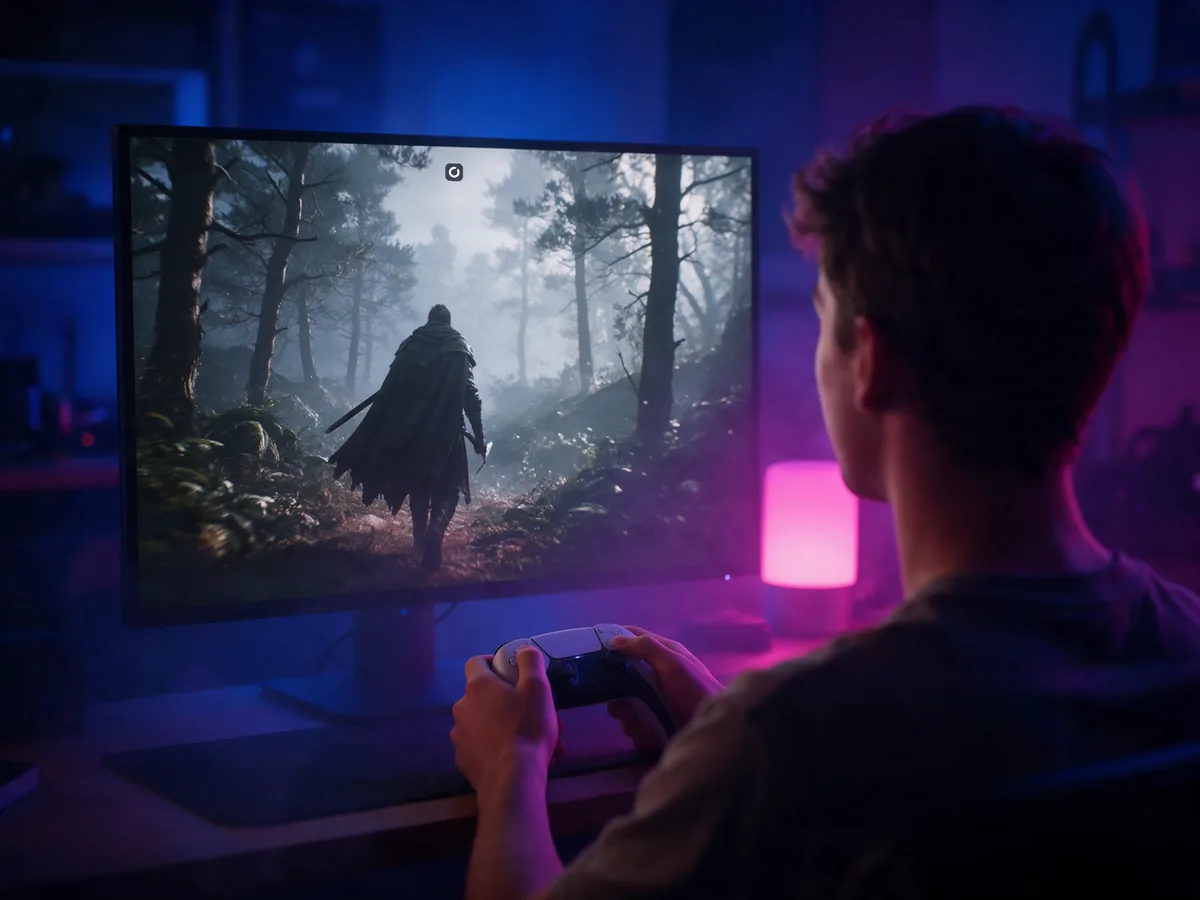 A player with a controller in front of a monitor showing an action game in a forest