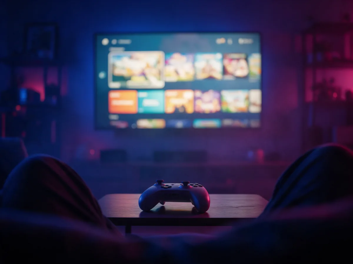 A controller on a coffee table in front of a TV showing a game menu