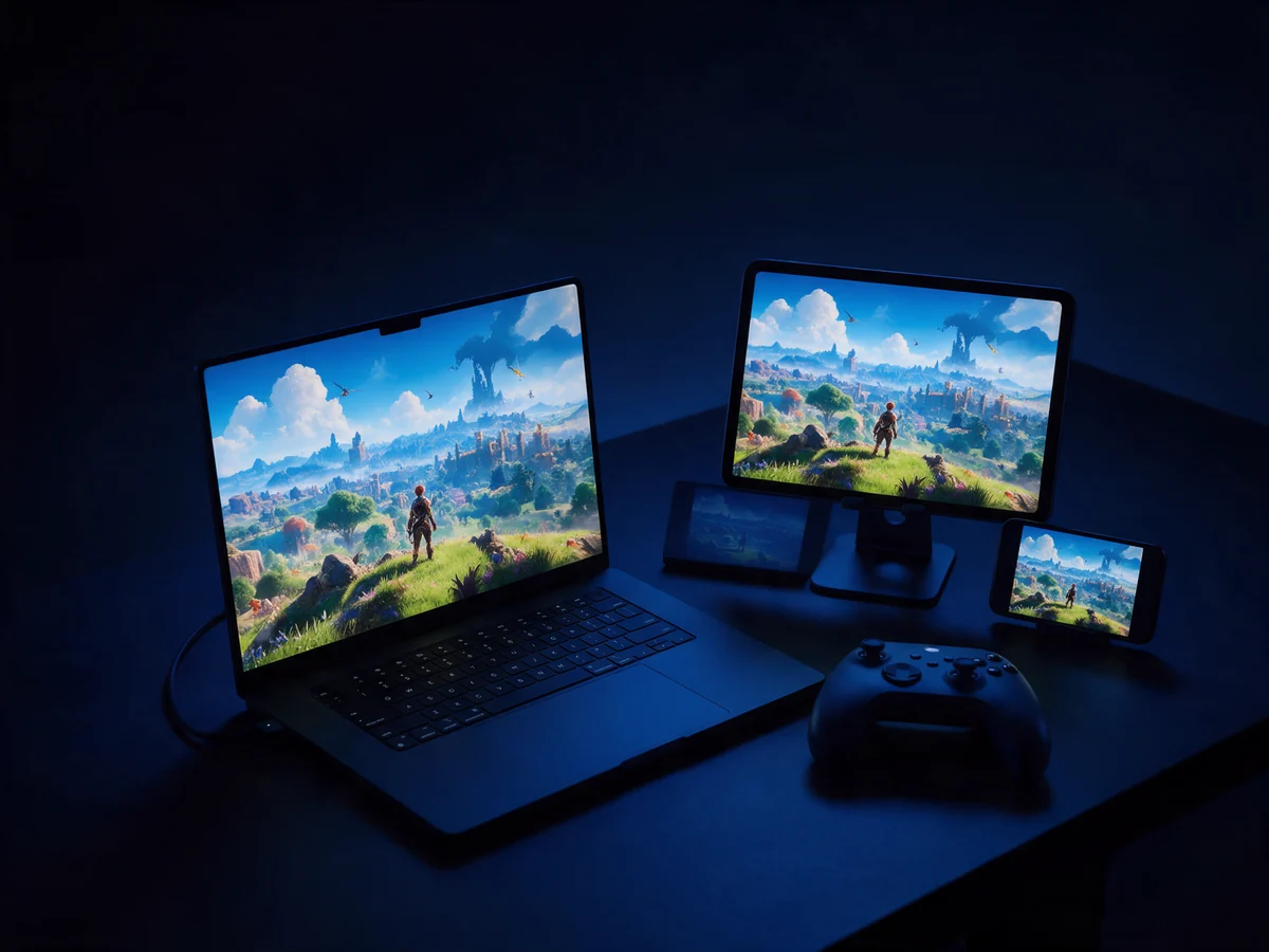 A laptop, a tablet and a phone showing the same game next to a controller