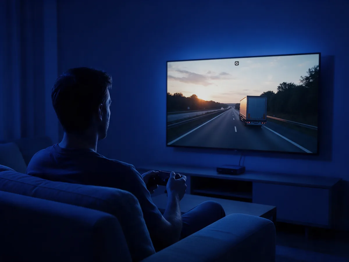 A player on the sofa with a controller, a truck driving game on the TV