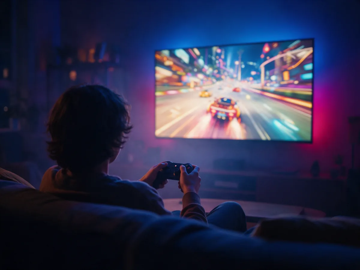 A player on the sofa with a controller, a racing game on the TV